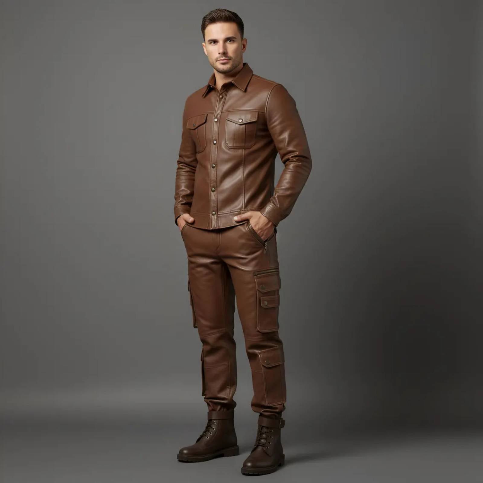 Model posing with hands in pockets showcasing the tailored chest flap pockets and side utility cargo pockets on the men's brown leather set