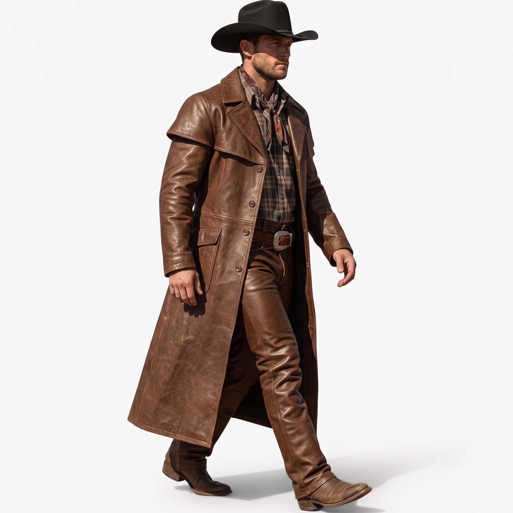 Side profile walking shot of man modeling brown leather cowboy long coat and straight leg leather riding trousers with hands at sides