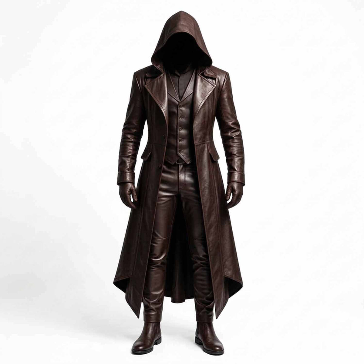 Men's Brown Cowhide Leather Hooded Trench Coat | Gothic Long Winter Duster