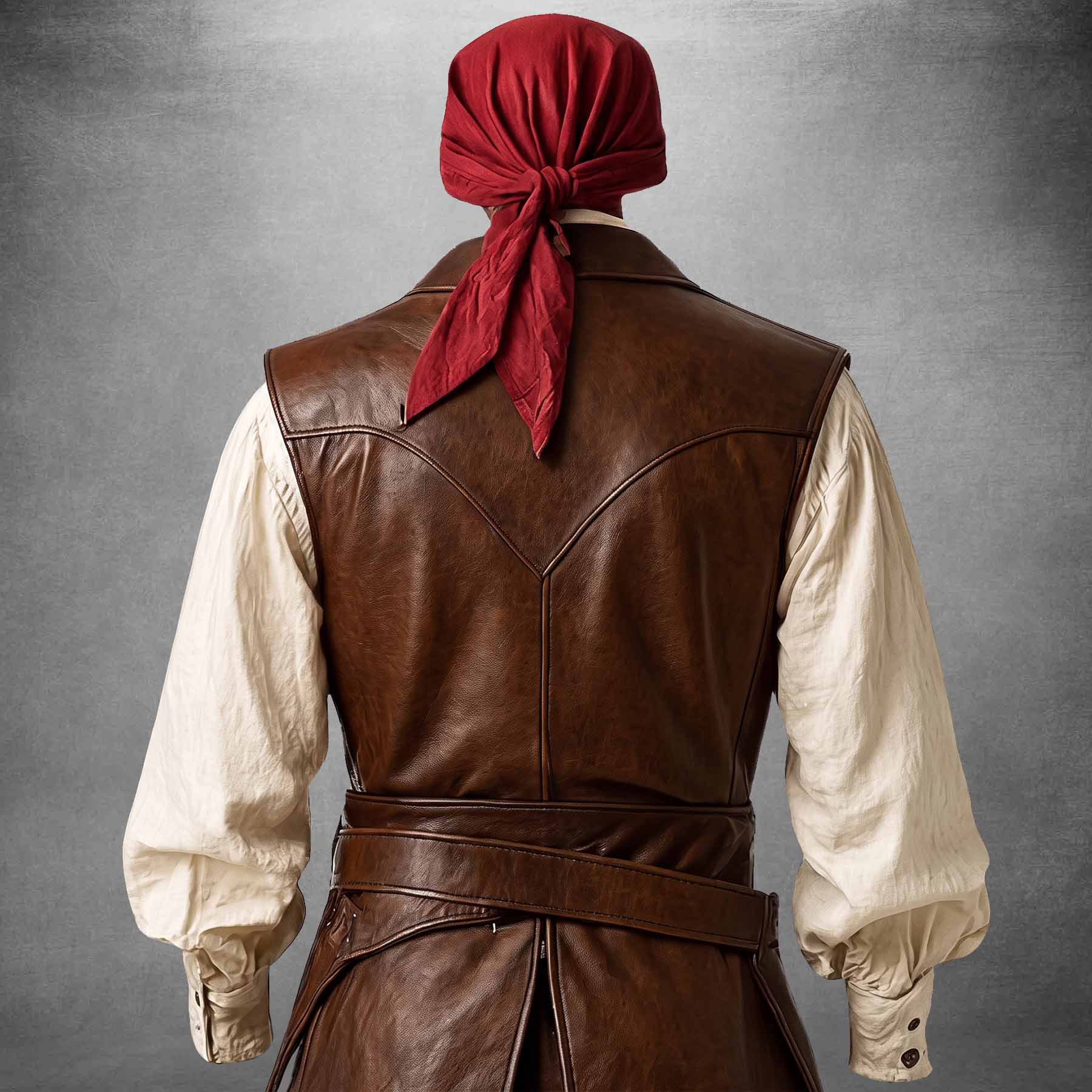 Detailed shot of the pirate waistcoat's back panel construction, highlighting clean saddle stitching and split peplum hem.