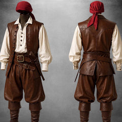 Side-by-side presentation showing both the front and rear styling of the brown leather pirate vest and trouser set (shirt, bandana, and boots not included)
