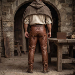 Back full view of mens brown leather Viking trousers showing rear lace up waist cinch and tailored back seams under a hooded cloak