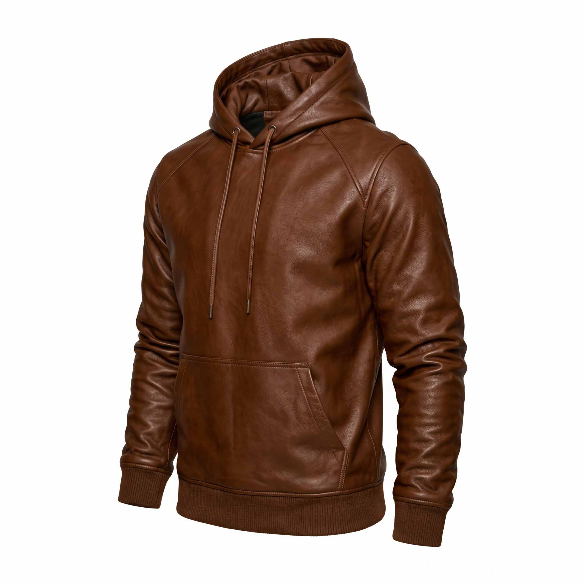 Front studio view of brown sheepskin leather pullover hoodie on invisible mannequin showing kangaroo pocket and leather drawstrings