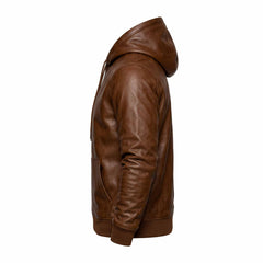 Side profile studio shot of brown genuine leather hooded jacket detailing curved hood shape and ribbed wrist cuff