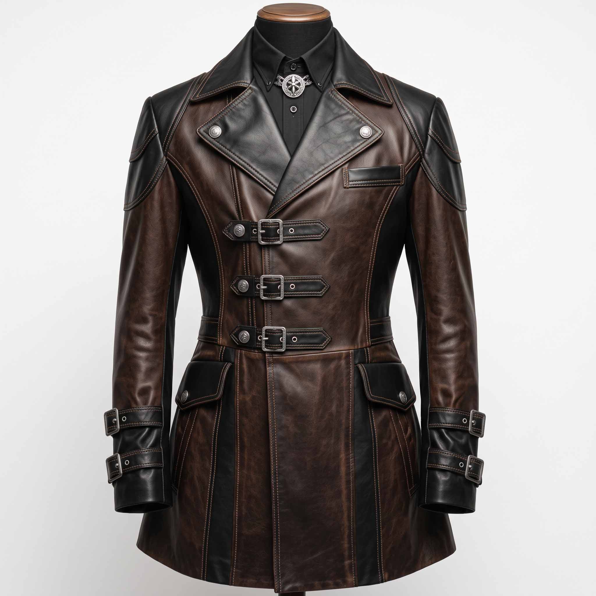 Front view of handmade brown and black leather steampunk coat with wide lapels, triple front buckles, and armored shoulders on tailor mannequin