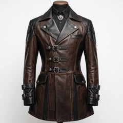 Front view of handmade brown and black leather steampunk coat with wide lapels, triple front buckles, and armored shoulders on tailor mannequin