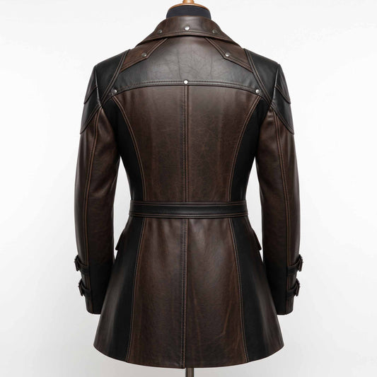 Back view of mens two tone brown leather frock coat showing riveted back yoke, black waist belt, and tailored spine seams
