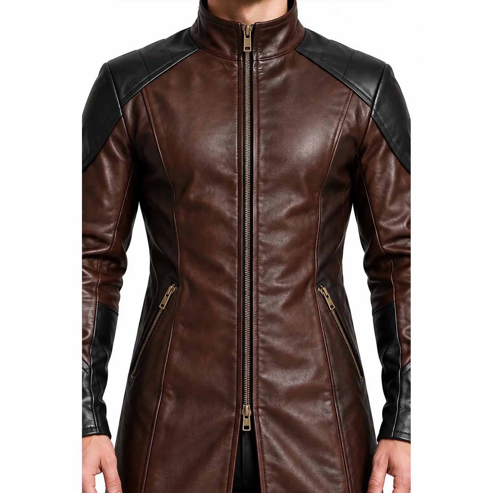 Front close up shot of mens two tone leather coat highlighting stand up collar, black shoulder caps, and central brass zipper placket