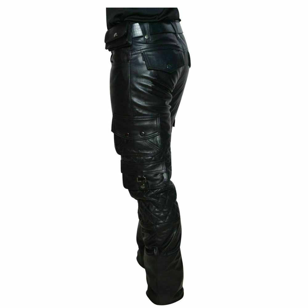 Three-quarter view of men's black leather biker cargo pants showcasing the slim-fit cut, belt loops, and side cargo storage.