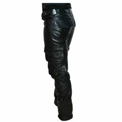 Three-quarter view of men's black leather biker cargo pants showcasing the slim-fit cut, belt loops, and side cargo storage.