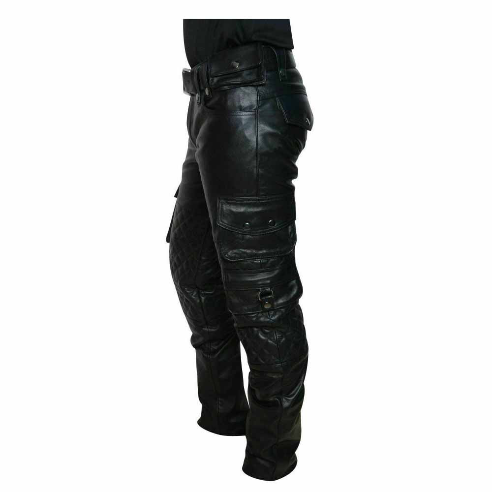 Side profile view of men's black cowhide leather cargo trousers displaying stacked snap-flap pockets and diamond-quilted knee panels.