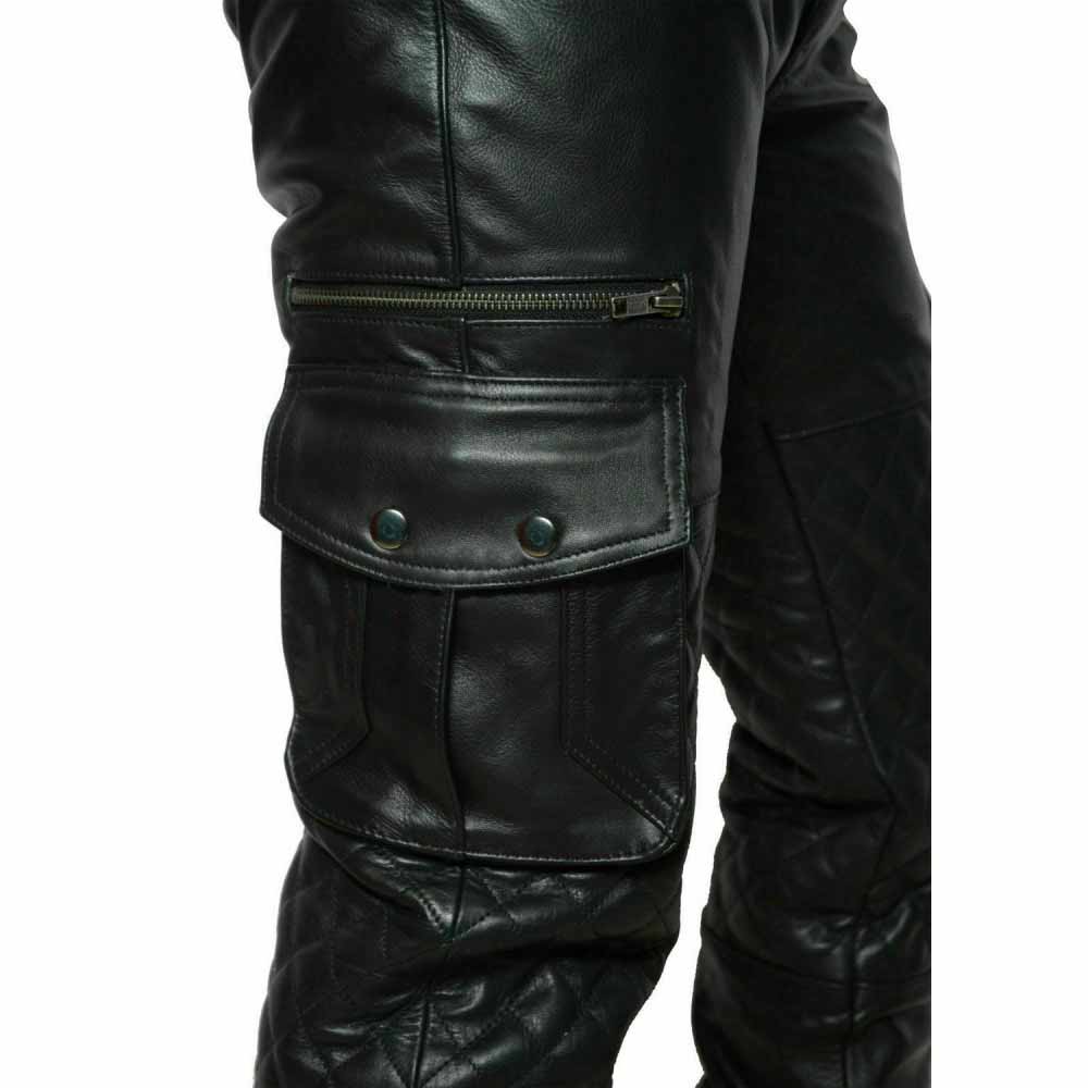 Detailed close-up of the side thigh cargo pocket featuring dual snap buttons, an upper horizontal zipper compartment, and quilted knee stitching.