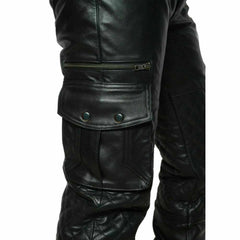 Detailed close-up of the side thigh cargo pocket featuring dual snap buttons, an upper horizontal zipper compartment, and quilted knee stitching.