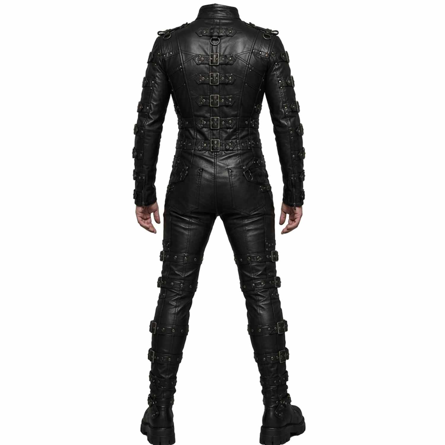 Rear view of men's leather bondage harness suit showing back panel seams, rear buckle adjustments, and studded details.