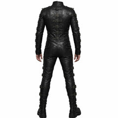Rear view of men's leather bondage harness suit showing back panel seams, rear buckle adjustments, and studded details.