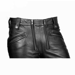 Men's Cowhide Leather Carpenter Pants Bikers Pants Slim Fit Gay Pants Trousers