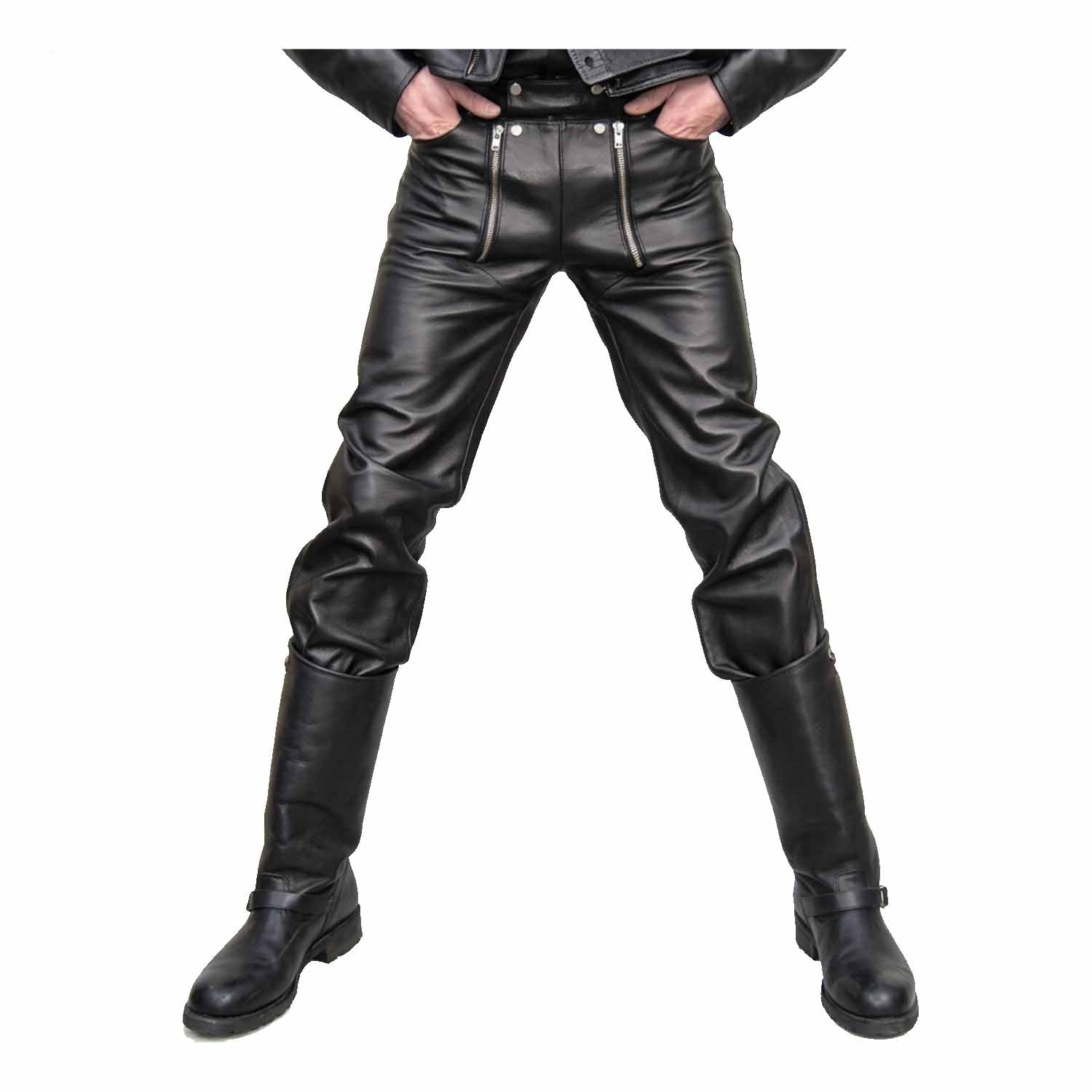 Front view of a man wearing black cowhide leather carpenter pants tucked into tall leather biker boots.