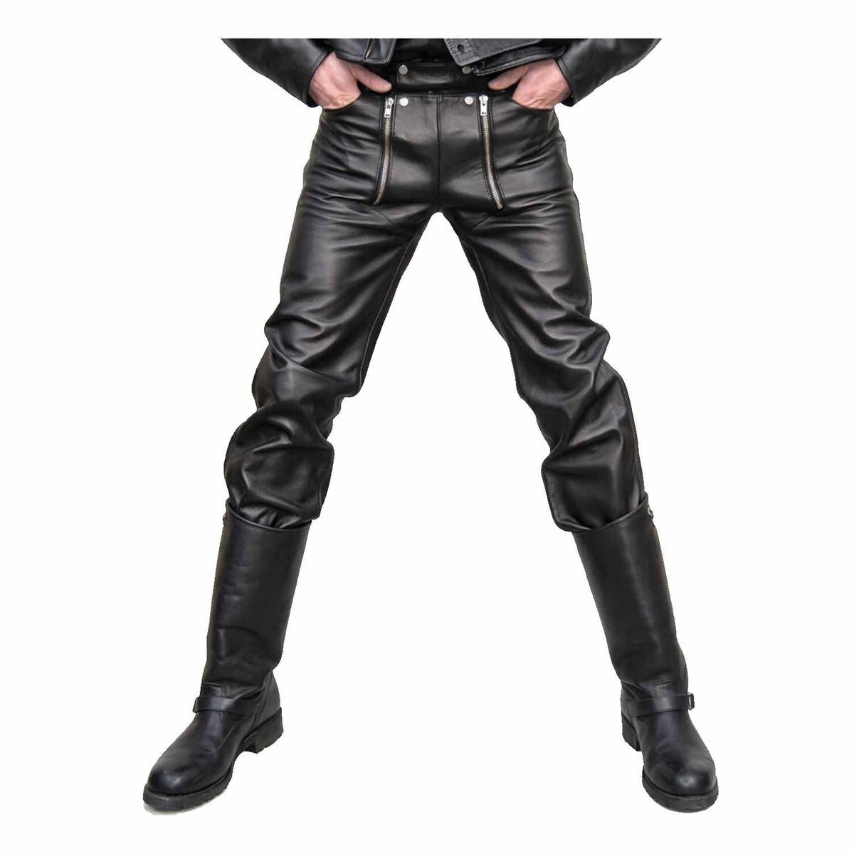 Front view of a man wearing black cowhide leather carpenter pants tucked into tall leather biker boots.