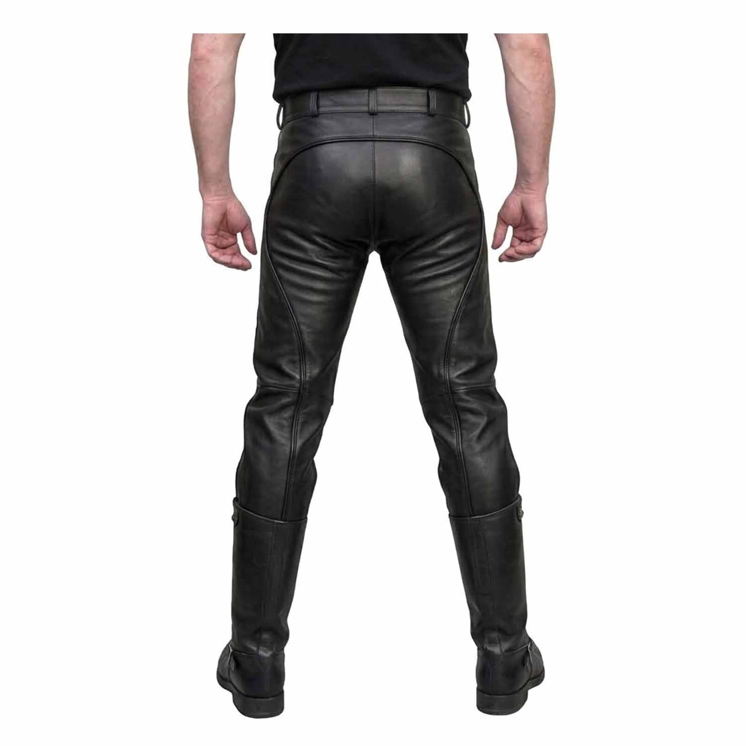 Rear angle view showing the saddle back seam paneling and sculpted fit of men's black leather breeches.