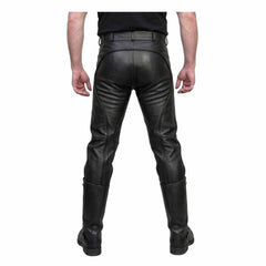 Rear angle view showing the saddle back seam paneling and sculpted fit of men's black leather breeches.