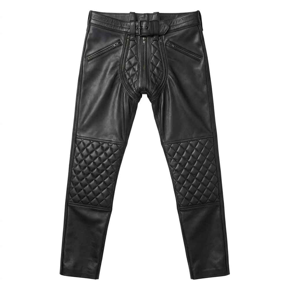 Front view of men's black cowhide leather convertible trousers featuring diamond-quilted knee panels, a belted waistband, and a removable quilted crotch guard.