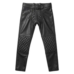 Front view of men's black cowhide leather convertible trousers featuring diamond-quilted knee panels, a belted waistband, and a removable quilted crotch guard.