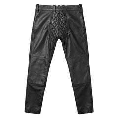 Rear view of men's black leather trousers showing the tailored seat seam design and continuous YKK zipper track along the inner leg seam.