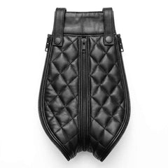 Detached diamond-quilted front crotch panel with YKK zipper perimeter and snap button loops for the convertible leather chaps trousers.