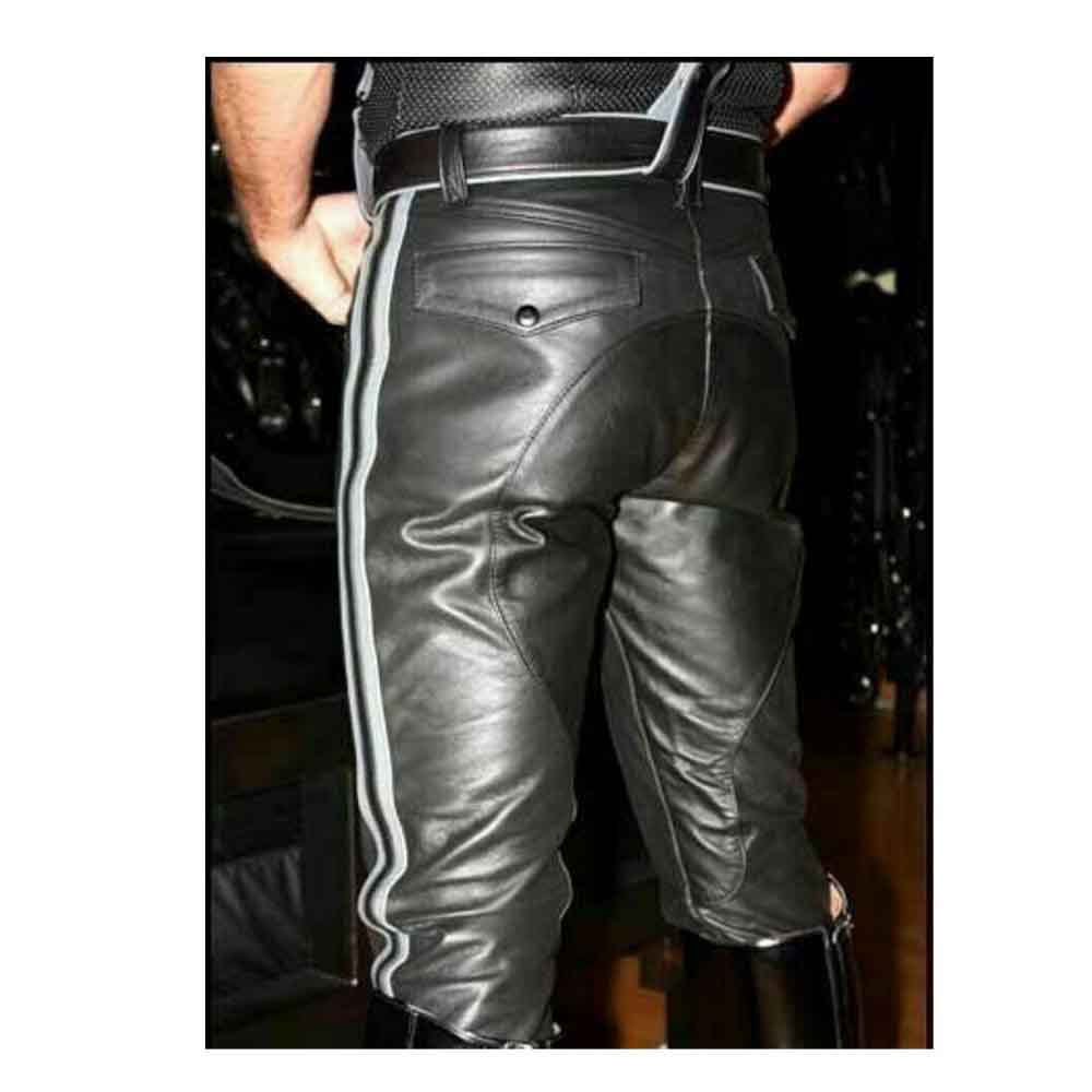 Back view showing the tailored seat fit, buttoned flap rear pocket, and side stripe detailing on men's black leather trousers.