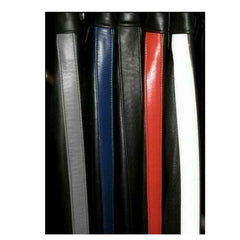 Display of customizable side stripe color options including grey, blue, black, red, and white on black leather pants.