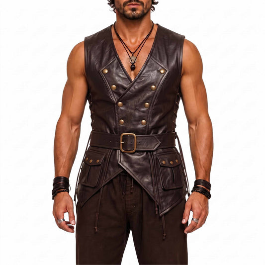Front studio portrait of muscular man modeling dark brown genuine leather pirate waistcoat showing deep V neck and pointed hemline