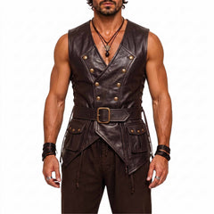 Front studio portrait of muscular man modeling dark brown genuine leather pirate waistcoat showing deep V neck and pointed hemline