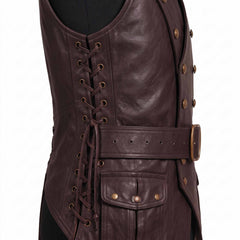 Two panel studio comparison showing front double breasted button placket and rear corset lace up back of dark brown leather medieval waistcoat
