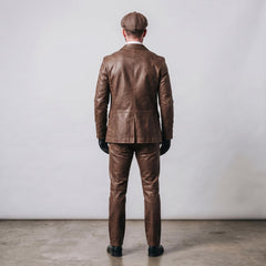 Men's Distressed Brown Leather 4-Piece Suit Set | Vintage Victorian Steampunk Blazer, Waistcoat, Pants & Newsboy Flat Cap