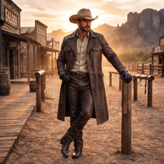 Cowboy leaning against wooden fence post in western street wearing vintage distressed brown leather coat suit with cowboy hat and boots