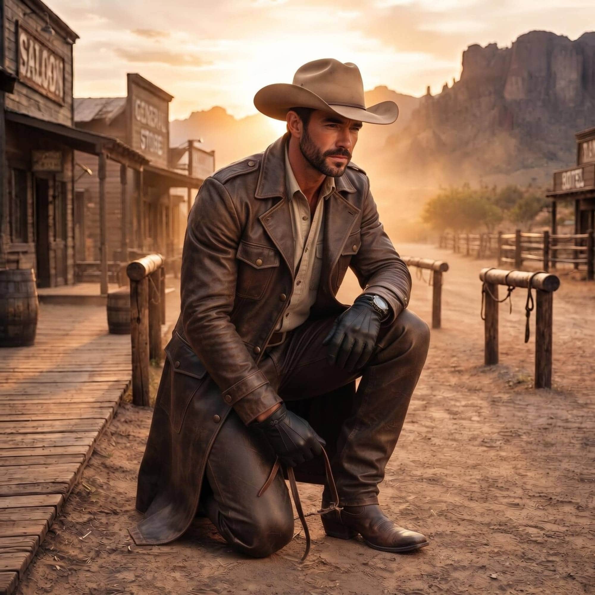 Cowboy kneeling on dusty ground in western town showcasing distressed brown leather knee construction, flap pockets, and tailored coat hem