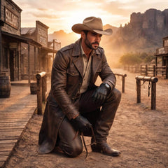 Cowboy kneeling on dusty ground in western town showcasing distressed brown leather knee construction, flap pockets, and tailored coat hem