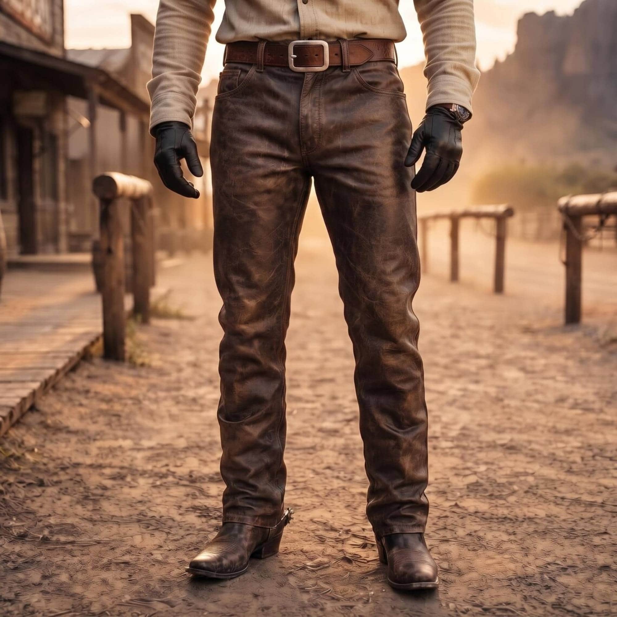 Close up front view of men distressed brown genuine cowhide leather pants with classic belt loops tucked neatly over cowboy boots