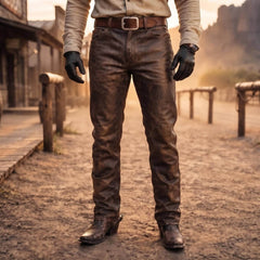 Close up front view of men distressed brown genuine cowhide leather pants with classic belt loops tucked neatly over cowboy boots