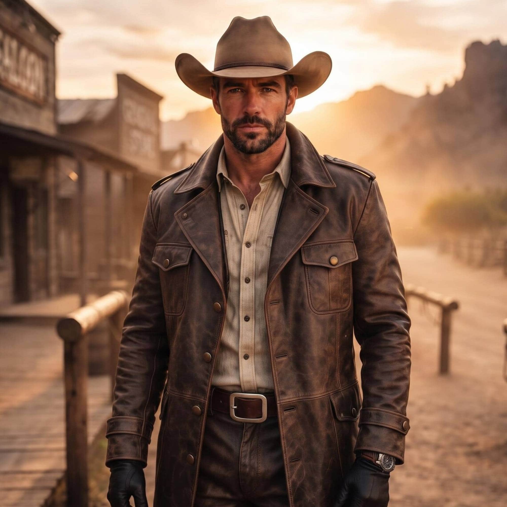 Close up portrait of man wearing distressed brown leather western coat highlighting notched lapel collar, epaulette shoulder straps, and chest pockets