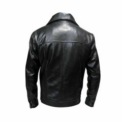 Back profile of a men's black soft lambskin leather jacket detailing clean panel seams and yoke stitching.