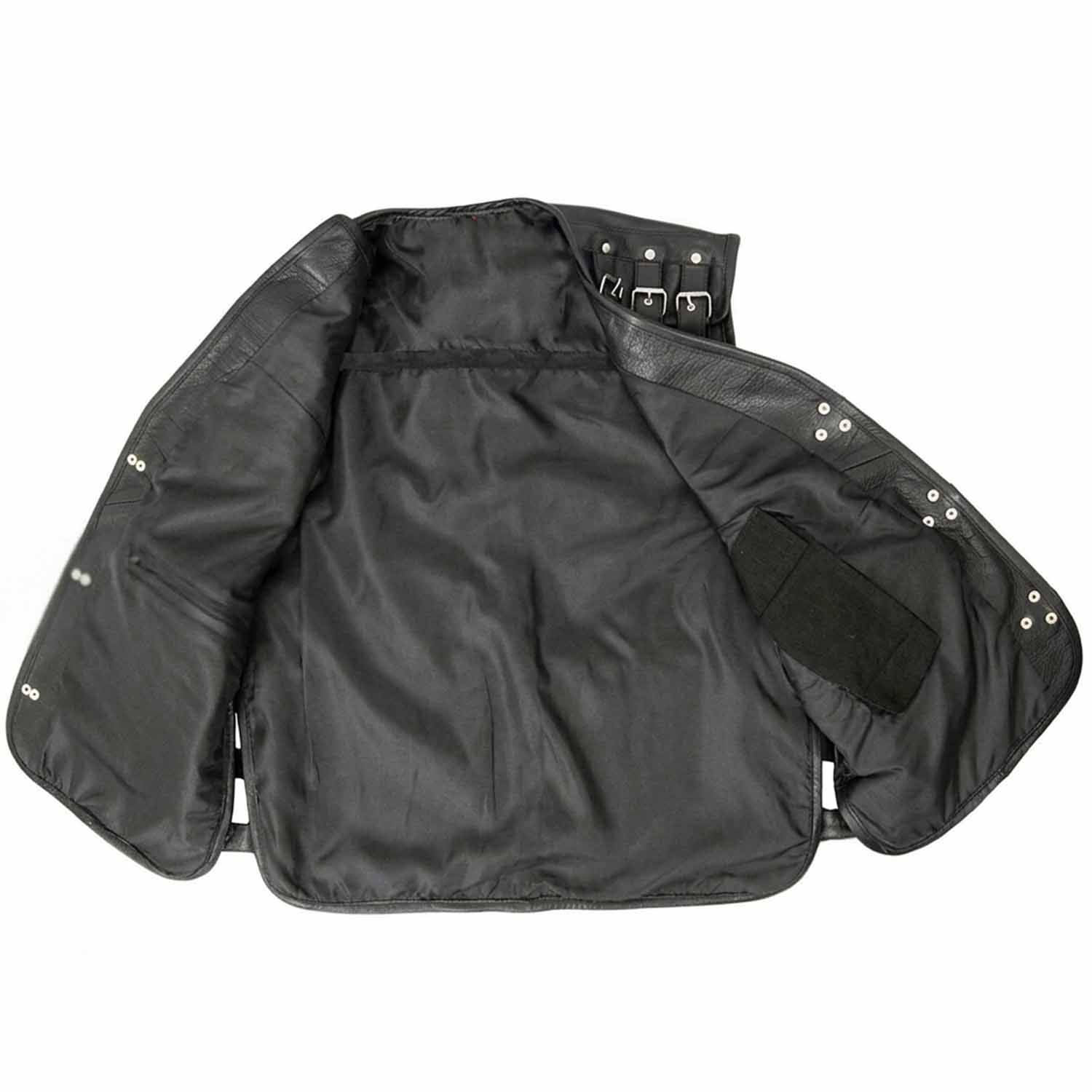 Inside view of men's genuine leather riding vest highlighting smooth black satin lining and concealed internal pockets.