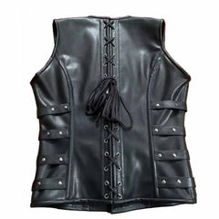 Rear view of the men's black leather corset vest highlighting the adjustable lace-up lacing system and side strap details.