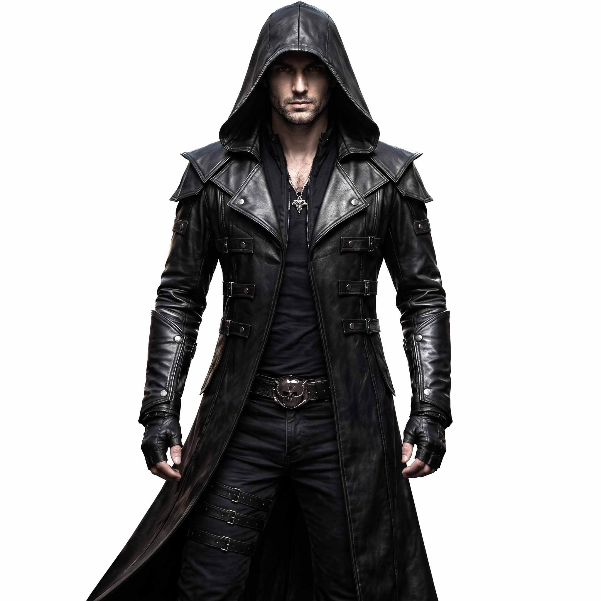 Front view of athletic man wearing handmade black cowhide leather hooded trench coat with shoulder pauldrons and front buckle straps