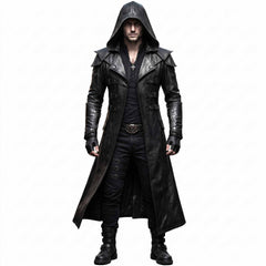 Full length front studio portrait of man modeling black leather hooded duster coat with dramatic flared hemline