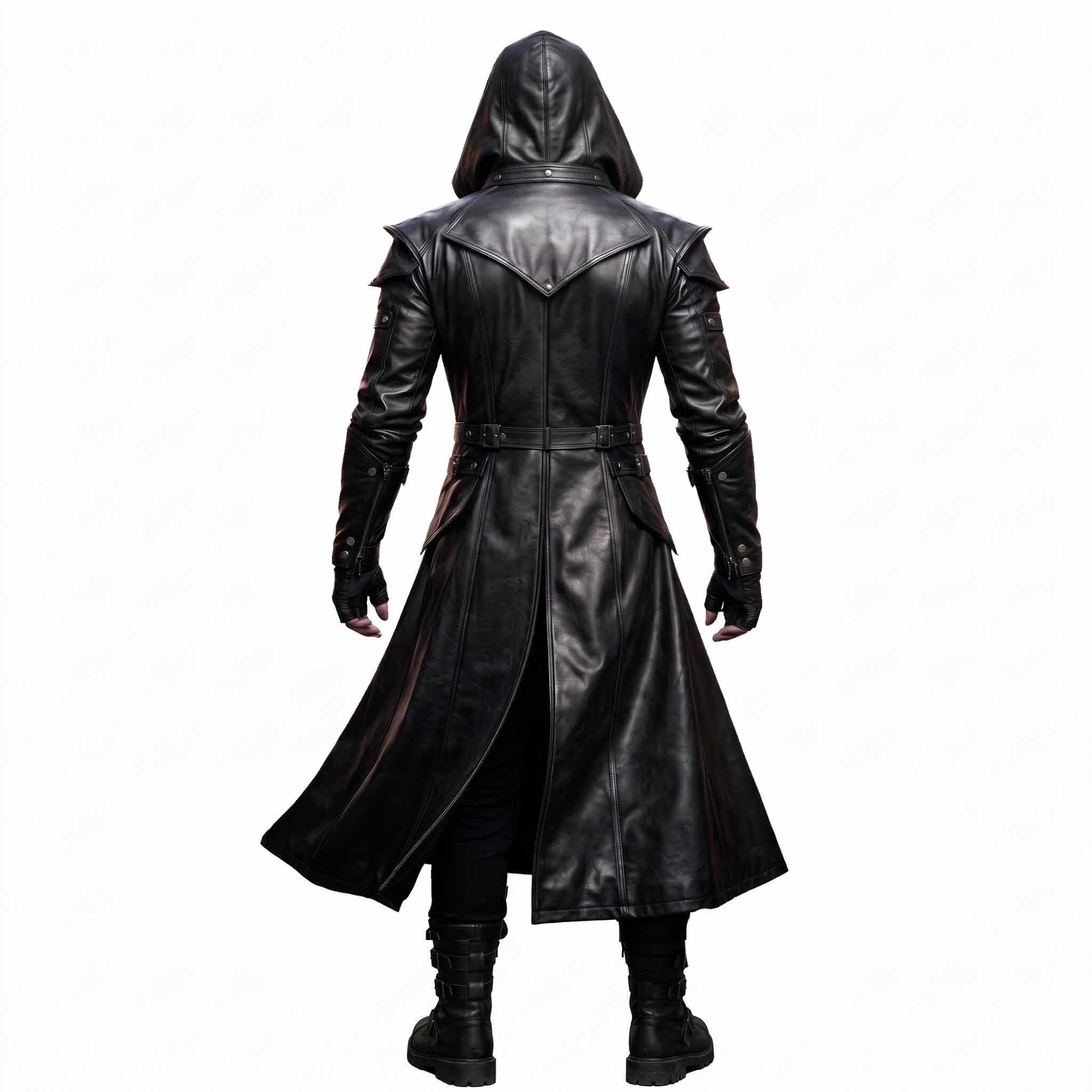 Rear perspective of man walking in flowing black leather hooded trench coat highlighting waist belt tunnel and flared hemline