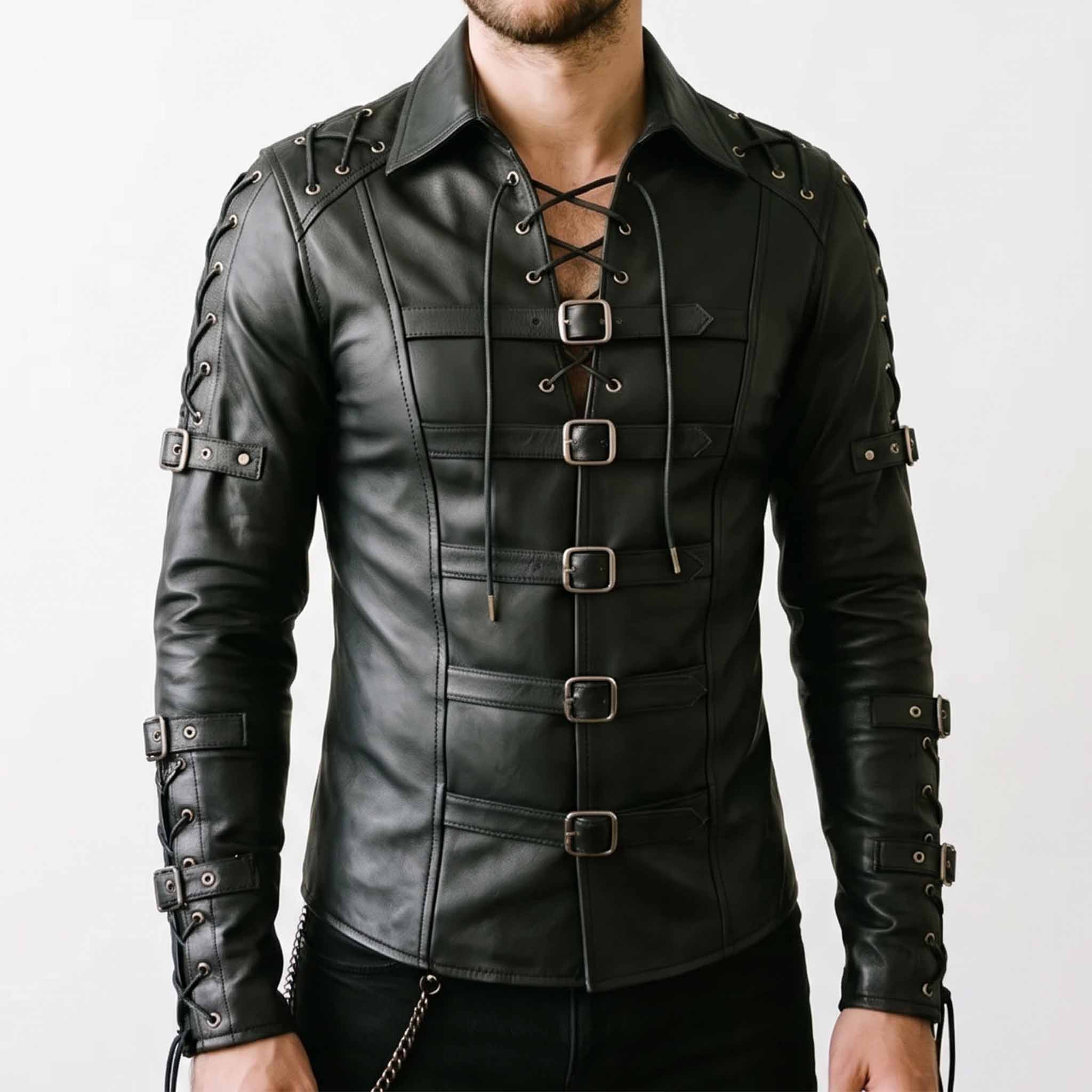 Front view of male model wearing handmade gothic black cowhide leather shirt with chest cord lacing, fold down collar, and five horizontal roller buckles