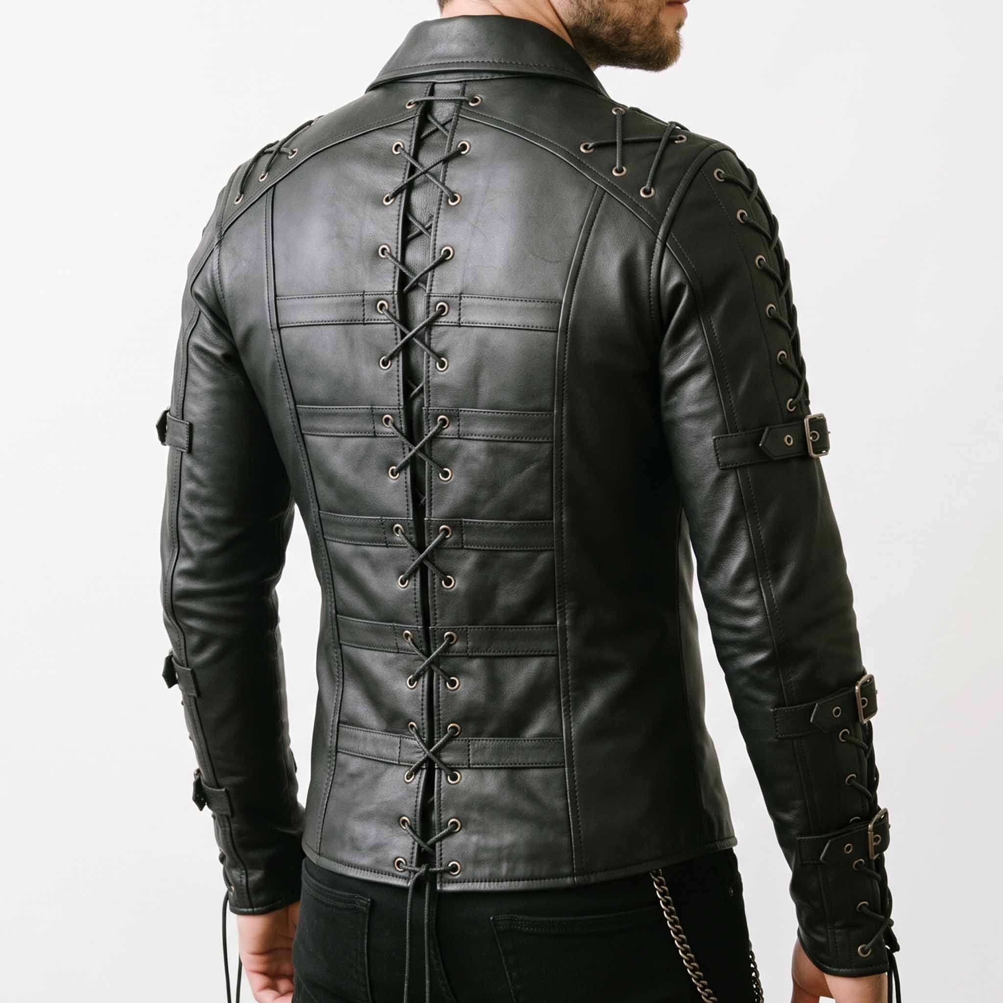 Direct rear view of man modeling black leather steampunk shirt displaying full length spine corset cord lacing and shoulder strap details