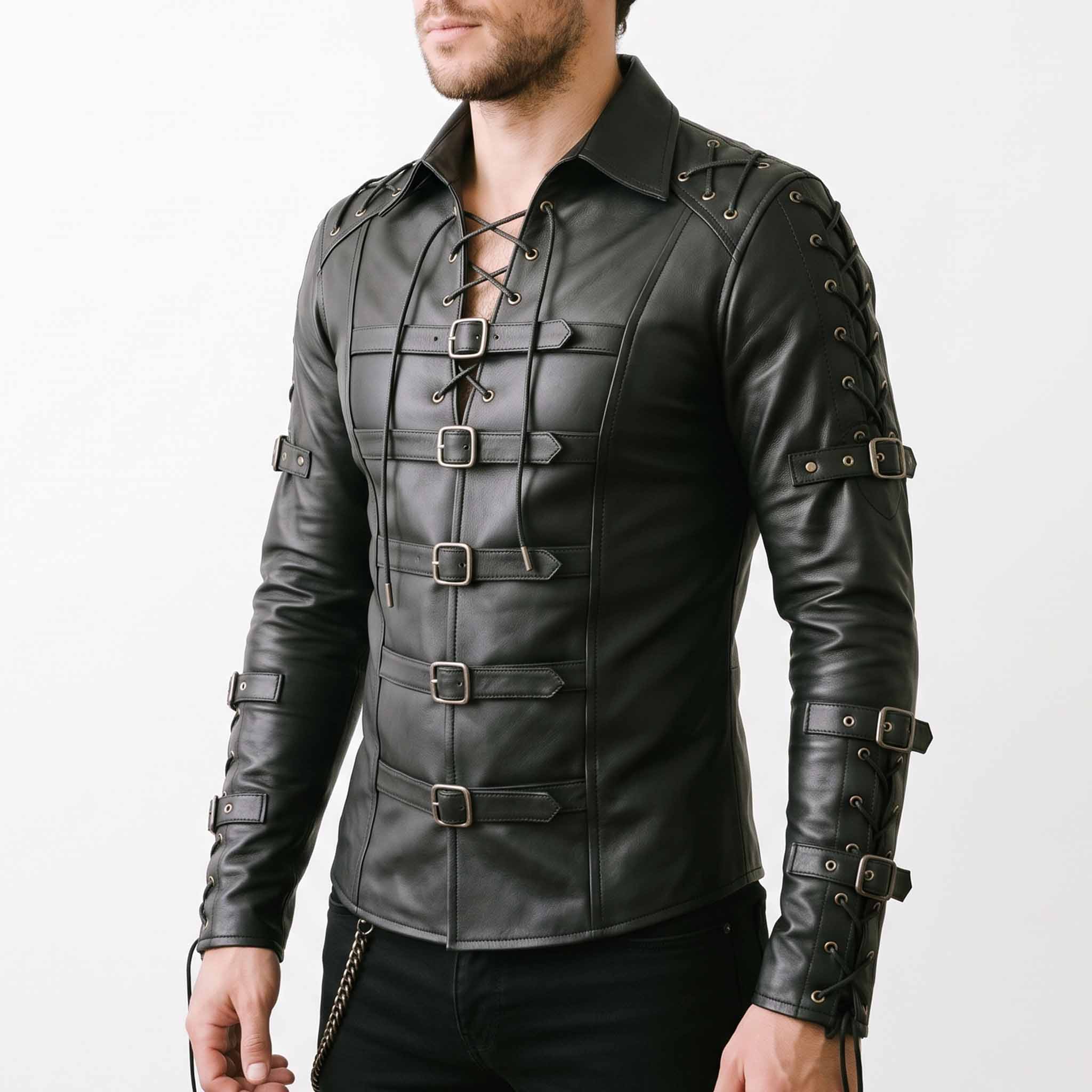 Three quarter perspective of man in black tactical leather armor shirt highlighting chest roller buckles and segmented arm cord lacing
