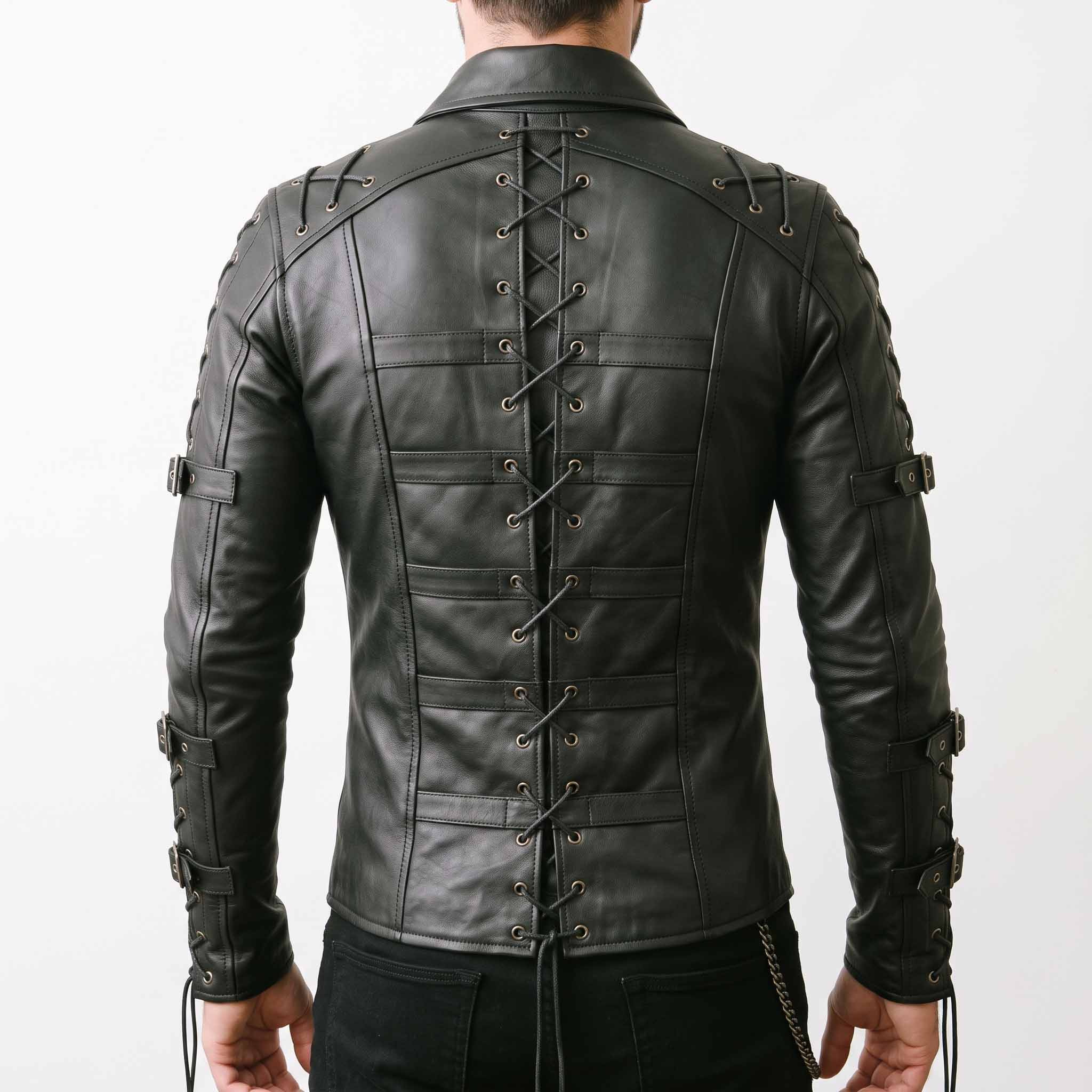 Close up back view of man wearing black leather medieval armor shirt showcasing rear spine corset lacing and tailored waist seams